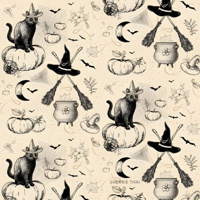 black and white halloween wallpaper with cats on pumpkins, witches brooms and caulders Halloween Fabric Cat Bones Witch And Halloween Prints, Illustration Art, Humanoid Sketch, Halloween, bisque