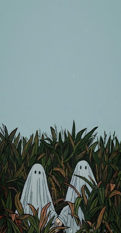 two white ghost like figures peeking out from the bushes Hippie Halloween Ghost In Cornfield, Green Ghost Background, Phone Spooky Aesthetic, dark gray