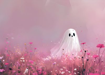 a painting of a ghost in a field of flowers Pink Halloween Laptop Ghost In Pink Flower Field, Halloween Decoration Ideas, Pastel Halloween Art, rosy brown