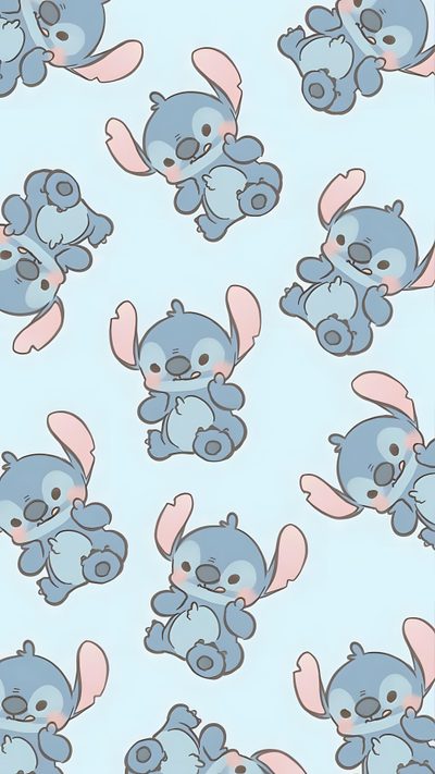 a blue and pink wallpaper with small stuffed animals on it's back side Kawaii Kawaii Cute Stitch Halloween Disney Phone Backgrounds, Disney Mignon, Lilo I Stich, Disney, lavender
