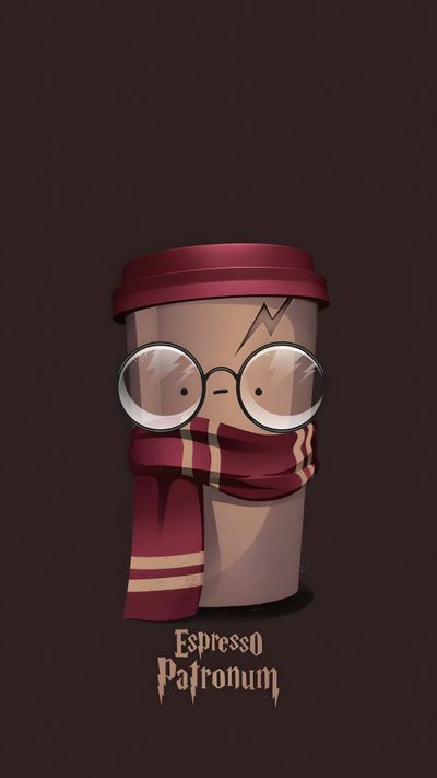 a coffee cup with glasses and a scarf around it's neck that says espresso patronum Harry Potter Halloween Iphone Harry Potter Artwork, Harry Potter Iphone, Harry Potter Drawings, black