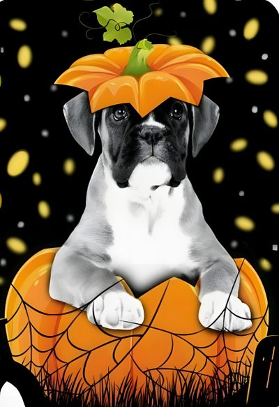 a black and white dog sitting on top of a pumpkin with a spider web around it's head Halloween Boxer Dog Boxer Dog Pumpkin Carving, Boxer Dog Skeleton, Happy Thanksgiving Boxer, saddle brown