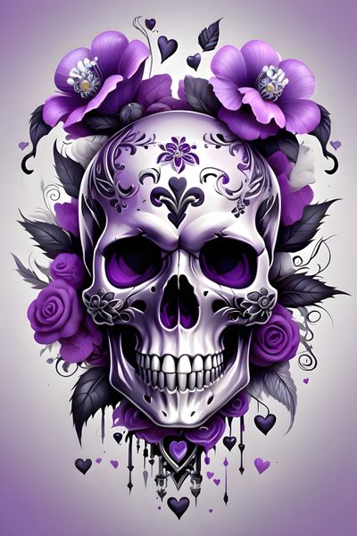 a skull with purple flowers on it's head and some hearts around it, Halloween Skull Purple Custom Purple Skull And Flowers Drawing, Purple Skull Tattoo, Purple Rose Skeleton, dark gray