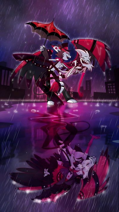 an anime character holding an umbrella in the rain Hazbin Hotel Halloween Vivziepop Hazbin Hotel, Dibujos Animados Bonitos, Hotel Art, dark slate gray