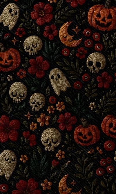 a black background with skulls, flowers and pumpkins Halloween Botanical Simple Halloween Backgrounds, Iphone Spooky, Ipad Spooky, Spooky Fall Phone, black
