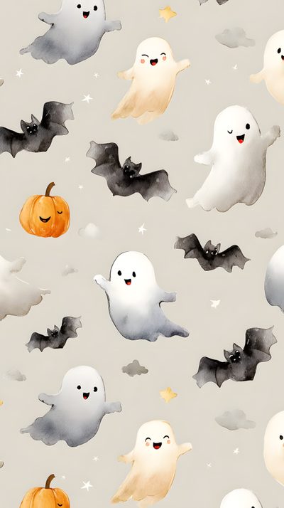watercolor halloween seamless pattern with ghostes and pumpkins on grey background for wallpaper Halloween Ghost For Nursery Cute Halloween, Cute Pumpkin, Light Halloween, Cellphone Backgrounds, light gray