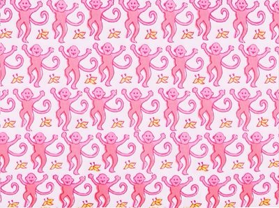 pink monkeys on white background with orange and yellow stars in the bottom right hand corner Roller Rabbit Halloween Diy Monkey-themed Crafts, Kids Room Decor Ideas, Monkey Themed Fabric Design, misty rose