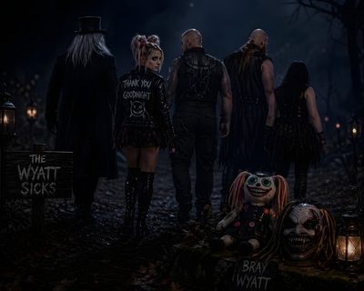 a group of people standing next to each other in the dark with creepy faces on them Wwe Halloween Pro Wrestling, Wrestling, black
