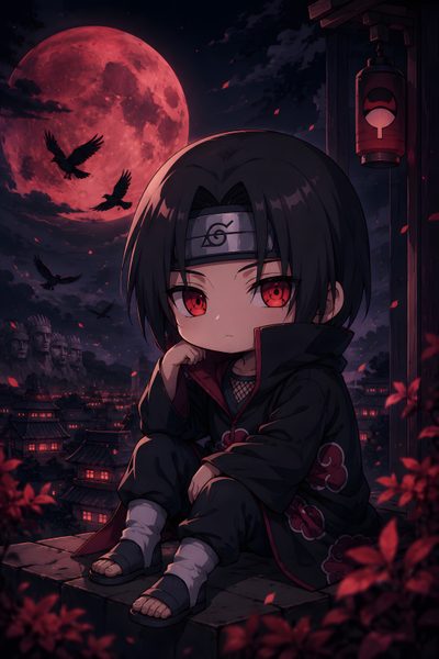 an anime character sitting on the ground in front of a full moon with red eyes Itachi Uchiha Halloween Cute Itachi, Samurai Chibi, Akatsuki Cloak, Baby, Itachi Uchiha, Japanese Art, black