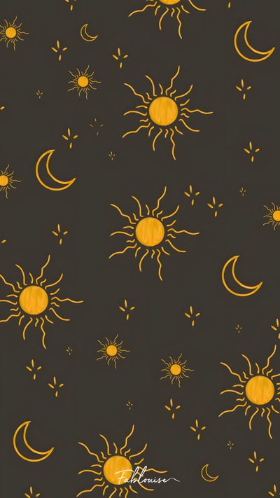 the sun, moon and stars are drawn in yellow on a black background with white dots Halloween Sun Pattern Moon And Sun Iphone, Sun Phone, Sun And Moon Phone Background, dark slate gray