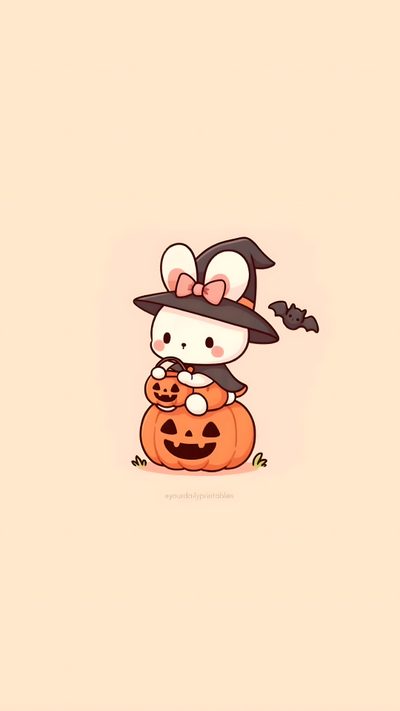 hello kitty sitting on top of a pumpkin wearing a witch hat and holding a jack - o'- lantern Halloween Bunny For Phone Bunny Drawing, Bunny, Bunny Crafts, Halloween Art, Digital, blanched almond