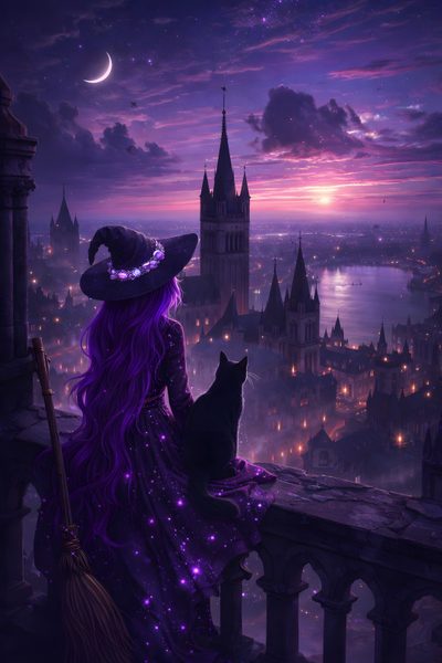 a woman sitting on top of a balcony next to a cat wearing a witches hat Halloween Purple Witch Night Witch, Gothic Purple Witch, Aesthetic Purple Witch, midnight blue