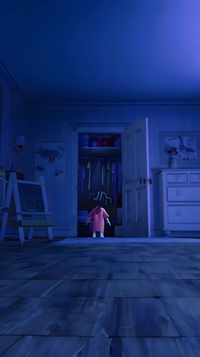 a room with blue walls and wooden flooring is lit up by purple light from the ceiling Monsters Inc Halloween Boo Monster Inc Iphone, Salivan And Bo, Boo Monster Inc, midnight blue