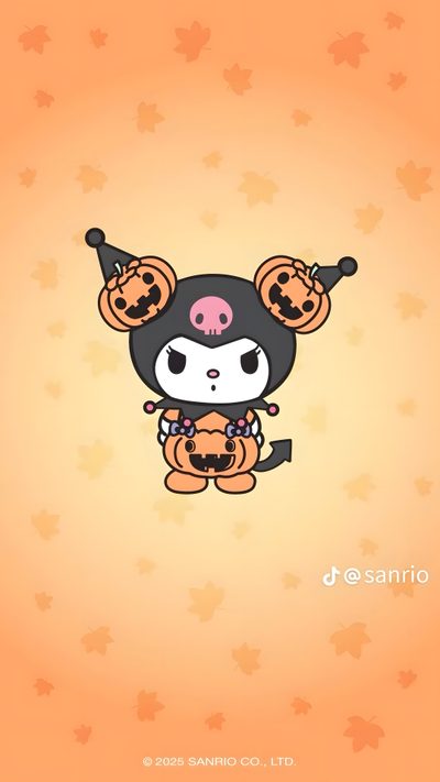 a cute little animal with pumpkins on it's head, holding a teddy bear Kuromi Halloween Iphone Kuromi Halloween Iphone, Orange Kuromi, Halloween Kuromi, Kuromi Halloween, burlywood