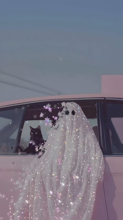 a cat sitting in the drivers seat of a car with a veil draped over it Cute Glitter Halloween Ghost Photography, Glitter Art, Pink Ghost Aesthetic, slate gray