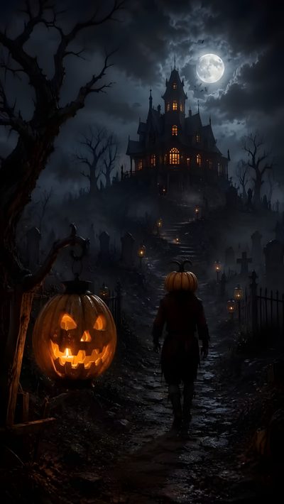 a person walking down a path in front of a castle with pumpkins on it Halloween Live Halloween Ambience, Castle Valley, Photo Halloween, Halloween Party Photo, Pumpkin, black