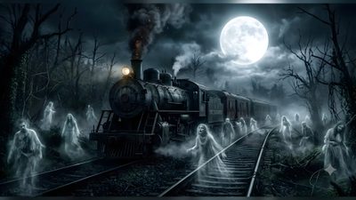 an old fashioned steam train with ghostly people on the tracks and full moon in the background Halloween Ghost Train Ghost Train, Ghost, Train, dark slate gray
