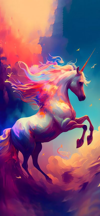a painting of a unicorn with long manes running through the air in front of colorful clouds Halloween Unicorn Unicorn Orange, Unicorn Fire, Unicorn On Fire, Unicorn In Fire, Autumn Unicorn, dim gray
