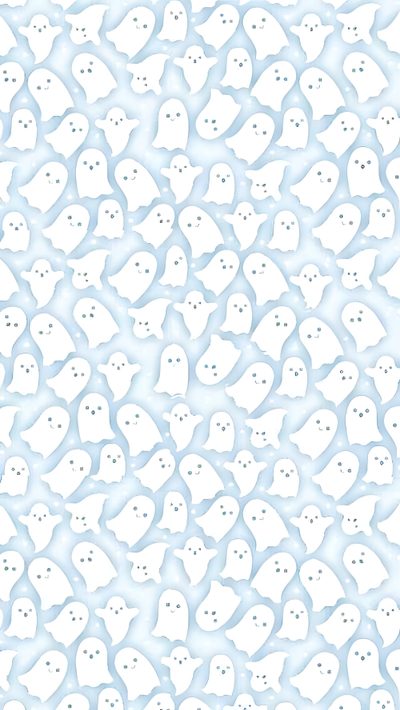 a white and blue pattern with small ghost faces Light Blue Halloween Blue Halloween Aesthetic, Aesthetic Blue Halloween Background, Cute Blue Ghost,