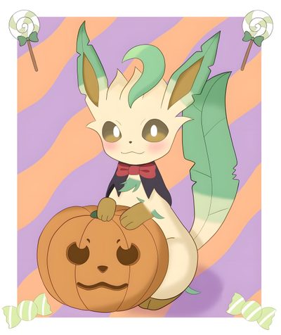 a cartoon character sitting next to a pumpkin Leafeon Halloween Glaceon Halloween, Sylveon Halloween, Sprigatito Halloween, Thanksgiving Eevee, thistle