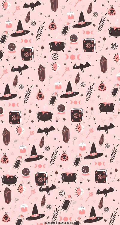 a pink background with black and white items on it Pastel Halloween Party Black Pink Witch Background, Cute Spooky Repeating Pattern, Halloween Pastel, misty rose