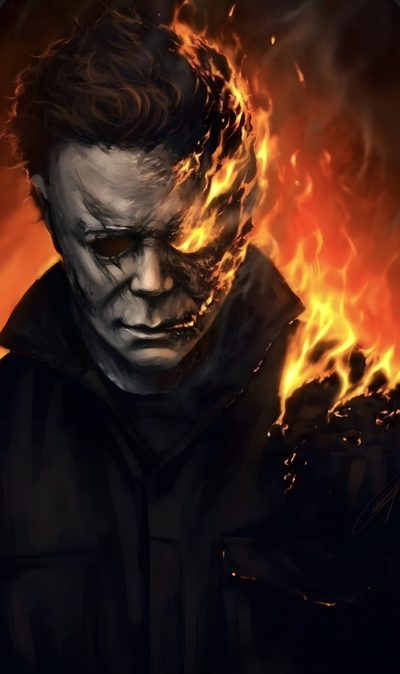 a painting of a man with fire in the background Michel Myers Halloween Iphone Michael Myers Art, Horror Movie Tattoos, Bahasa Jepun, Image Halloween, black