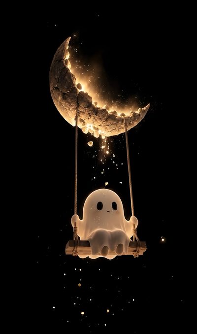 a little white elephant sitting on a swing under the moon Moon Halloween Dreamcore Aesthetic, Cat, Cute Ghost, Scary Halloween, Mobile, Lock Screen, black