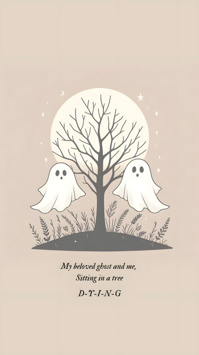 two ghost trees with the words, my beloved ghost and me, spring on a tree Halloween Taylor Swift Fall Taylor Swift, Halloween Taylor Swift, Taylor Swift Ghost Tattoo, light gray