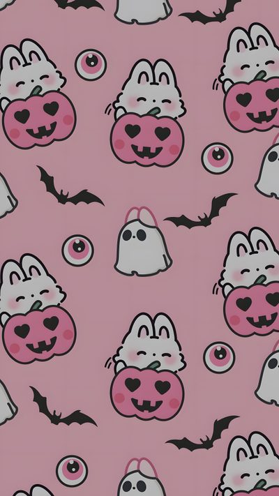 a pink background with lots of cartoon animals and bats on the top of each one Pink Halloween Desktop Pink, Halloween, rosy brown