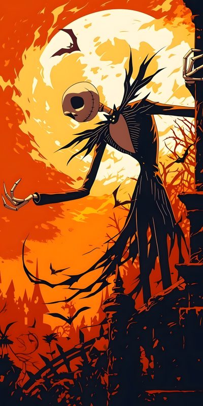 an illustration of a creepy woman with her arms outstretched in front of a full moon Zero Halloween Scary Cartoon Background, Halloween Nightmare Before Christmas, Nightmare Before Christmas Art, firebrick