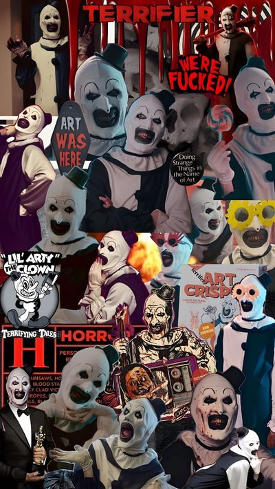 Clown Character Design, Halloween Costume Inspiration, Horror Movie Art, Scary Movie Night Ideas, Terrifier Movie Poster Collage, Art The Clown Aesthetic Wallpaper, Art The Clown Collage Wallpaper, Art The Clown Wallpaper 4k Iphone, Art The Clown Wallpaper Cute Art The Clown Halloween Clown Character Design, Halloween Costume Inspiration, Horror Movie Art, dark olive green