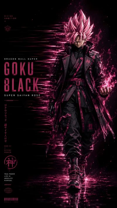 the poster for goku black is shown in pink and purple colors, with an image of Goku Black Halloween 4k Fire Lion, Goku Black Poster, Black Goku, Dragon Ball Painting, Nerd Love,