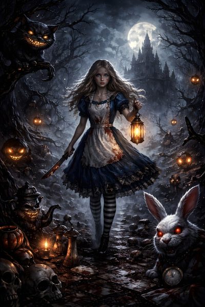 a painting of a girl and a rabbit in a forest with pumpkins on the ground Halloween Alice Custom Dark Alice, Alice In Horrorland, Gothic Alice In Wonderland, dark slate gray
