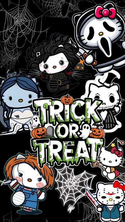 halloween stickers with the words trick or treat written on them and various cartoon characters Hello Kitty And Friends Halloween Spooky Hello Kitty, Hello Kitty Iphone Halloween, Halloween Hello Kitty, dark slate gray