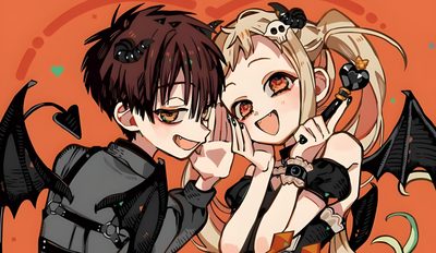 two anime characters are posing together with bats on their shoulders and one is holding his face to the other's ear Tbhk Halloween Jshk Official Art, Official Tbhk Art, Official Art, Tbhk Halloween, Hananene Official Art, peru