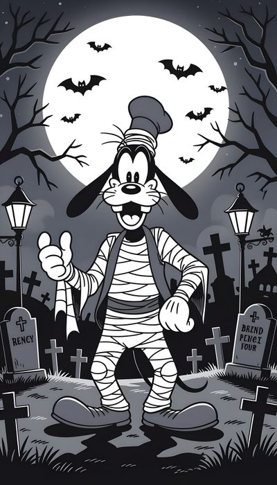 a cartoon character dressed as mickey mouse in front of a cemetery with bats and tombstones Pluto Halloween Digital Art Design, Lady Bird, Halloween, Halloween Digital, Disney Halloween, dim gray
