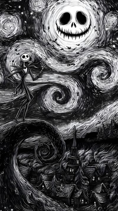 a black and white drawing of a skeleton in the sky Halloween Iphone Aesthetic Black And White Tim Burton Ipad, Halloween Spooky, Dark Fall Aesthetic, dark slate gray