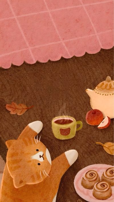 an orange cat sitting on the floor next to a plate of donuts and cupcakes Orange Cat Halloween Gatos, Cute Patterns, Kawaii, Tumblr, Aesthetic Iphone, Minimalist, chocolate