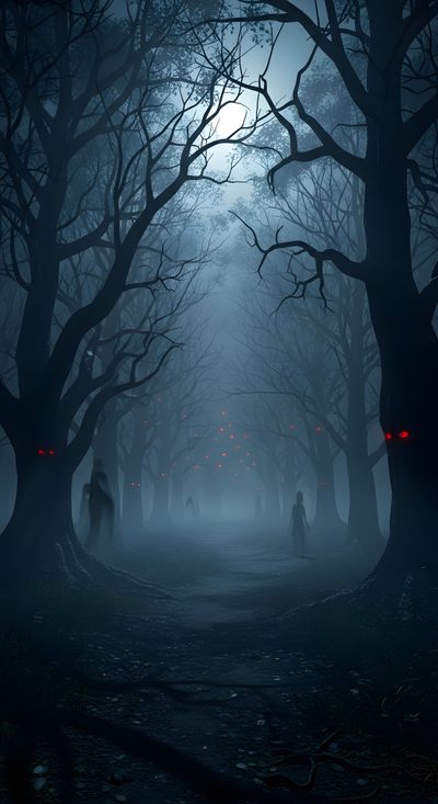 a group of people walking through a dark forest at night with red lights on the trees Horror Background With Scary Monster Halloween Spooky Horror Background, Scary Backgrounds Aesthetic, Horror Movie Background, dark slate gray