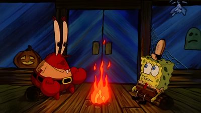 two cartoon characters sitting in front of a fire Halloween Spongebob Mr Krabs Fireplace, Spongebob Surrounded By Fire, Spongebob Guy On Fire Meme, black
