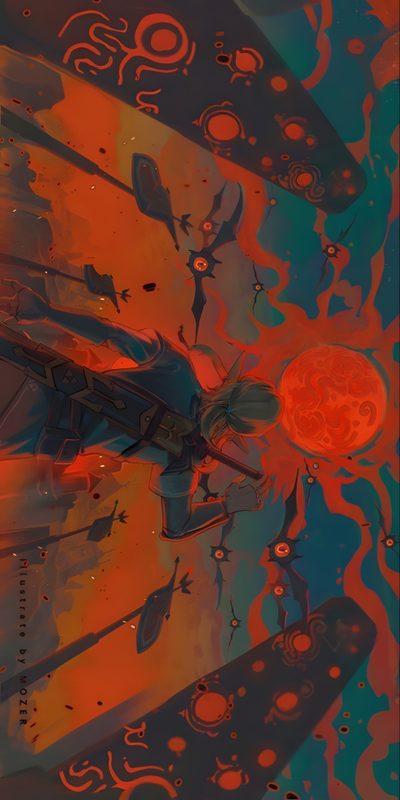an abstract painting with orange, blue and red colors on the bottom half of it Halloween Zelda Totk Cover, Zelda Illustration, Zelda Aesthetic Iphone, dark olive green