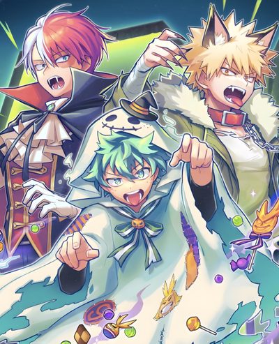 three anime characters standing next to each other My Hero Academia Halloween My Hero Academia, Mha Halloween Deku, Deku And Bakugo Halloween, dark gray