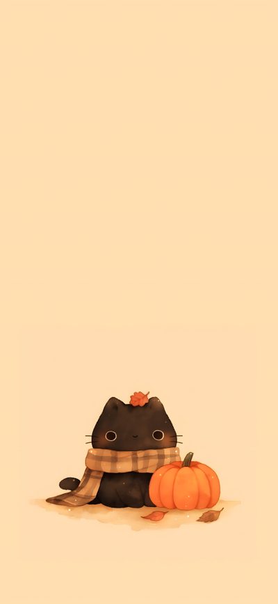 a black cat laying on top of a pile of pumpkins Cute Cat Halloween Cartoon Cozy Fall Backgrounds, Cute Fall, Cute Cat Fall Background, navajo white