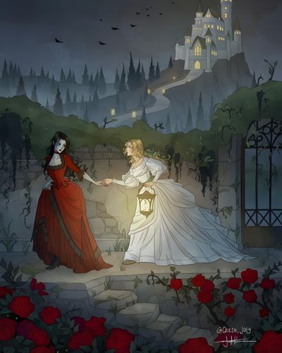an image of two women in front of a castle at night with roses around them Sapphic Halloween Vampire Castle Art, Vampire Castle Fantasy Art, Carmilla Art, dark slate gray
