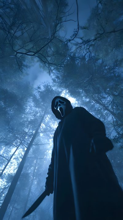 a person in a hooded suit holding a knife and standing in the woods at night Halloween Movie Iphone Ghostface Pictures, Ghostface Iphone, Iphone Dark, dark slate gray
