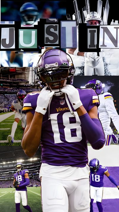 a collage of the minnesota football team in purple and white uniforms, with one player holding his hands to his face Justin Jefferson Halloween Justin Jefferson Pfp 4k, Justin Jefferson Aesthetic, Justin Jefferson Iphone, dim gray