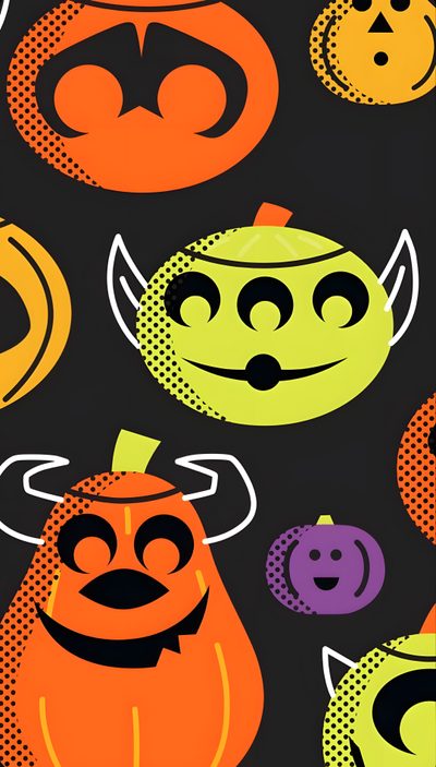 an image of halloween pumpkins and monsters on black background with orange, green, purple, and yellow colors Pixar Halloween Pixar Halloween, Disney Pumpkin, Disney Halloween Iphone, dark slate gray
