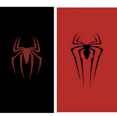 two spider - man logos, one red and one black with the same logo on it Matching Halloween For 2 Matching Phone Couples, Boyfriend And Girlfriend Matching, Matching Spider Man, firebrick