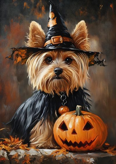 a painting of a dog wearing a witches hat and holding a pumpkin Yorkie Halloween Yorky Terrier, Happy Birthday Animals, Dog Poems, Yorkie Yorkshire Terrier, dark olive green