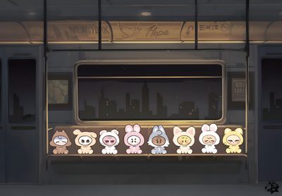 a group of little bunnies sitting in front of a window on the side of a train Skz Halloween Laptop Skzoo Banner, Pc, Kids, dark slate gray